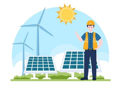 Solar Energy Installation, Panel or Wind Turbine Maintenance with Home Servic Stock Illustration