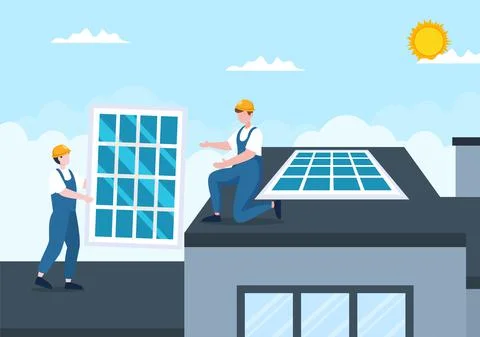 Solar Energy Installation, Panel or Wind Turbine Maintenance with Home Servic Stock Illustration