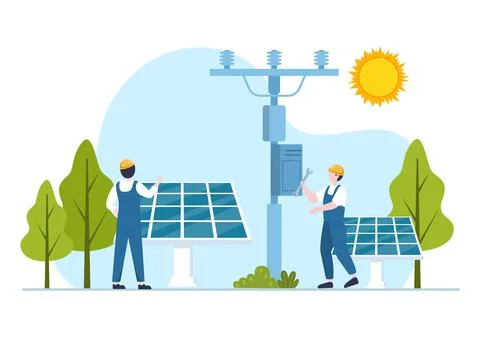 Solar Energy Installation, Panel or Wind Turbine Maintenance with Home Servic Stock Illustration