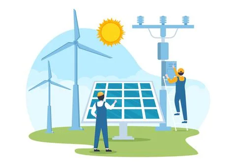 Solar Energy Installation, Panel or Wind Turbine Maintenance with Home Servic Stock Illustration
