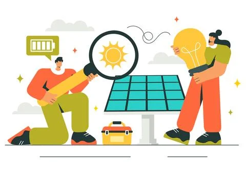 Solar Energy Installation Vector Illustration featuring a Home Service Team.. Stock Illustration