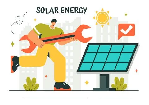 Solar Energy Installation Vector Illustration featuring a Home Service Team.. Stock Illustration