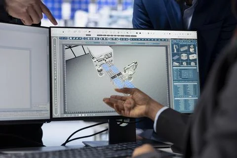 Solar energy production facility programmer writing software code on PC, closeup Stock Photos