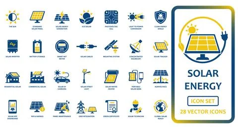 Solar energy solid icon set featuring solar panels, photovoltaic cells, bat.. Stock-Illustration