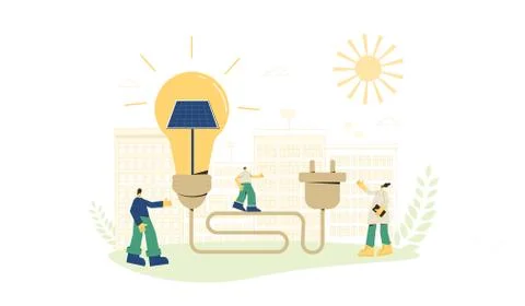 Solar energy system concept. Installing solar modules. Scene with people grou Stock Illustration