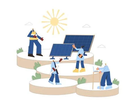 Solar energy system concept. Installing solar modules. Field service technici Stock Illustration