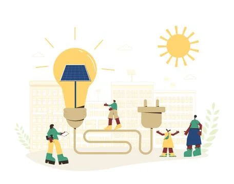 Solar energy system concept. Installing solar modules. Scene with people grou Stock Illustration
