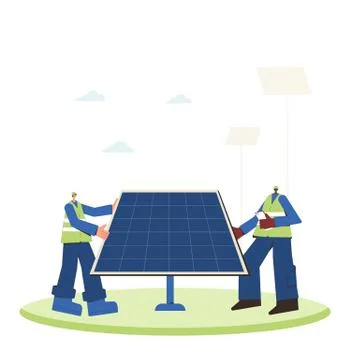 Solar energy system installing. Provide upgrades solar modules. Field service Stock Illustration