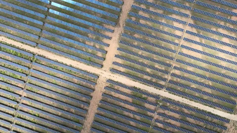 Solar energy system optimized for maximum efficiency with huge solarpanels Stock Footage 312677397