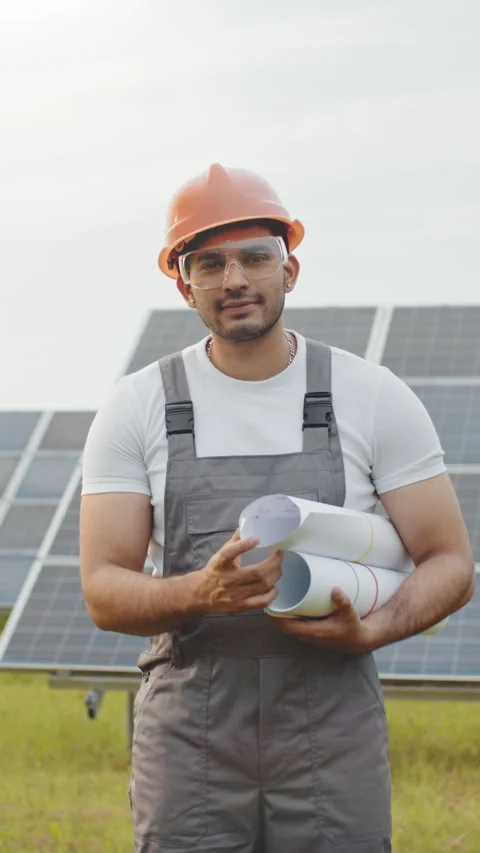 Solar Engineer with Blueprints Stock Footage 317420913