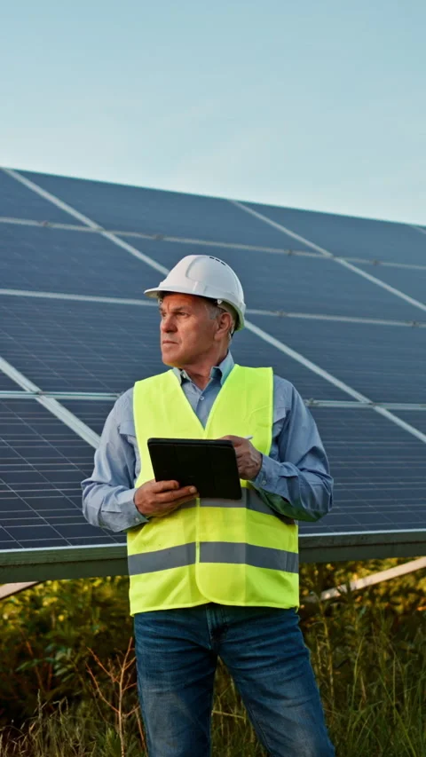 Solar engineer checking photovoltaic panels. Solar farm. Video stock 260805753