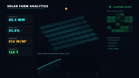 Solar Farm Analytics Dashboard with 3D Grid and Data Stock Footage 342043865