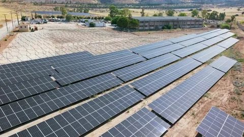 Solar Farm Construction with Parnitha Mountain in Background Aerial View 動画素材 345670881