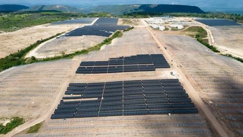 Solar farm construction site with a cleared dirt lot Fotos Stock