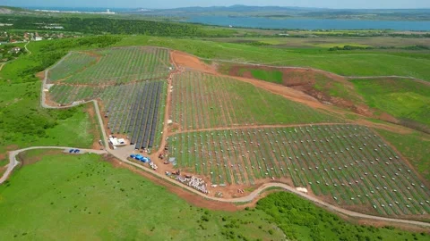 Solar farm construction site, large field for solar panels, aerial view Stock Footage 282707460