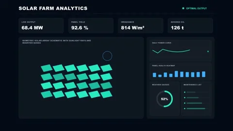 Solar Farm Performance Analytics Futuristic Data Dashboard 4K Animation Stock Footage 342567551