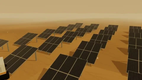 Solar farm robots working through a desert dust storm Stockbeeldmateriaal 340329547