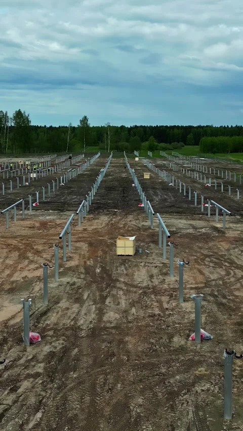 Solar farm under construction with mounting frames Stock Footage 300273044