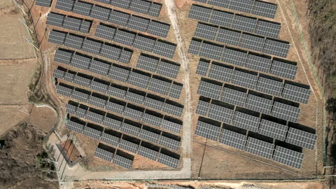 Solar Farm units environment producing renewable energy Aerial View, South Korea Video stock 229907640