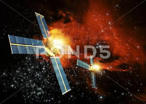 Solar flare hitting satellite, artwork Stock Illustration