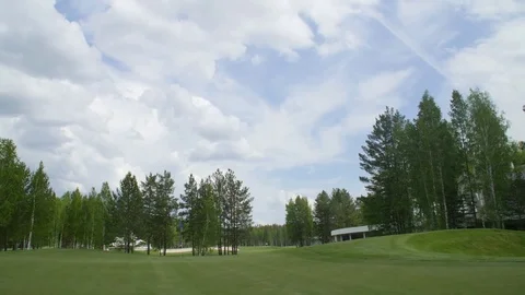 Solar Golf cart with clouds on blue sky and forest lake Golf club, Timelapse Stock Footage