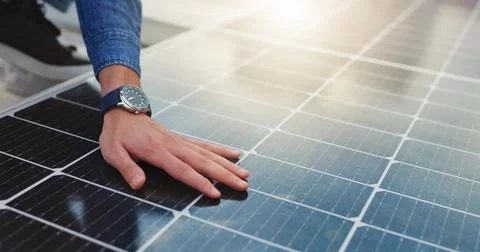 Solar grid, hand and renewable energy on roof, electrical engineer or susta.. Stock Photos