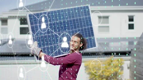 Solar installer installing panel outside house, causing animated icons and data Stock Footage 333035092