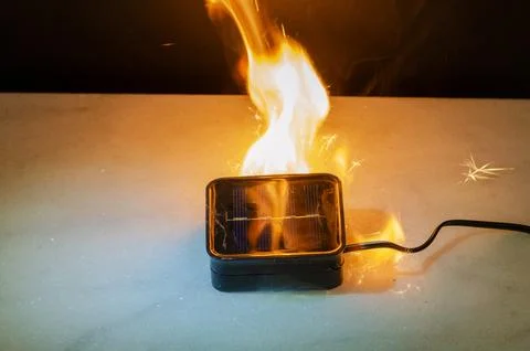 Solar light device burning with strong flame and sparks as danger and fire co Stockfoto's