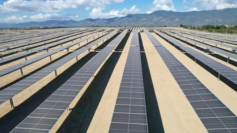 Solar modules in pv plant. Single axis tracker Stock Photos
