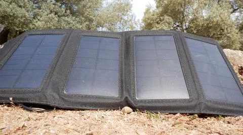 Solar panel among the grass and trees at sunset 스톡 사진