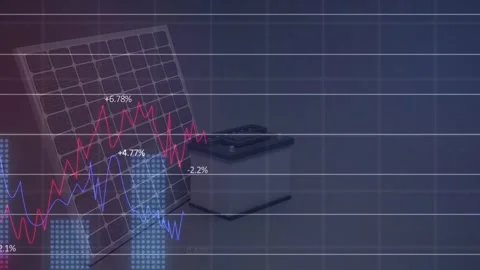 Solar panel and battery module sitting left, grid fading in, charts rising, Stock Footage 334038919