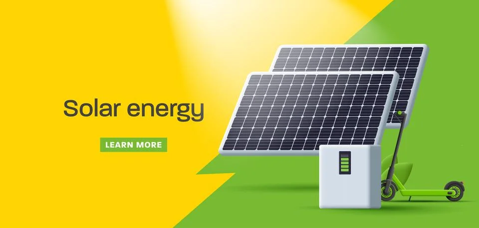 Solar panel and battery storage collector with electro scooter, urban power.. Stock Illustration