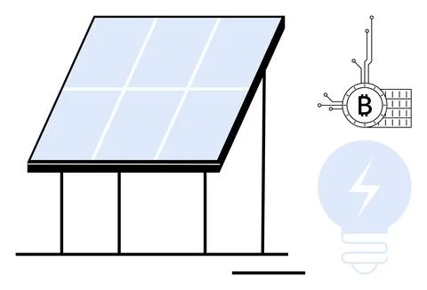 Solar Panel and Bitcoin Mining Concept with Light Bulb Representing Electrici Stock Illustration