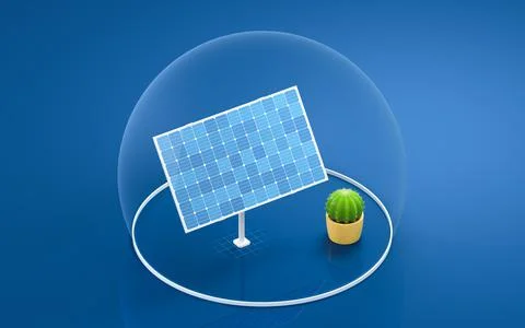 Solar panel and cactus, 3d rendering. Stock Illustration