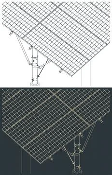 Solar panel and supporting structure isometric blueprints close-up Stock-Illustration