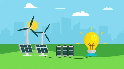 Solar panel and windmills connecting to light bulb Stock Footage 152497304