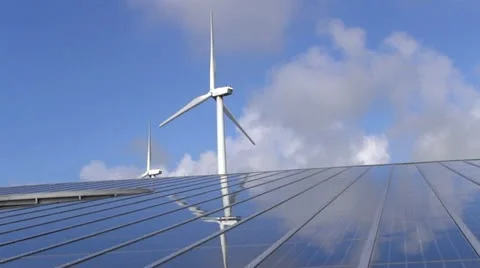 Solar panel array and wind turbines Stock-Footage 12623934