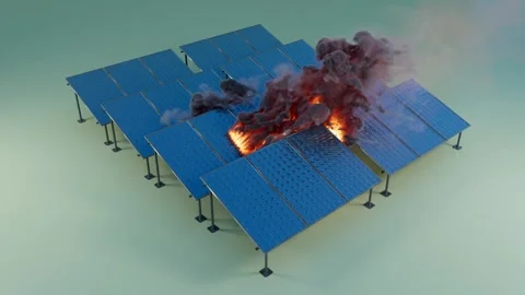 Solar Panel Array Catching Fire With Heavy Smoke Stock Footage 336589285