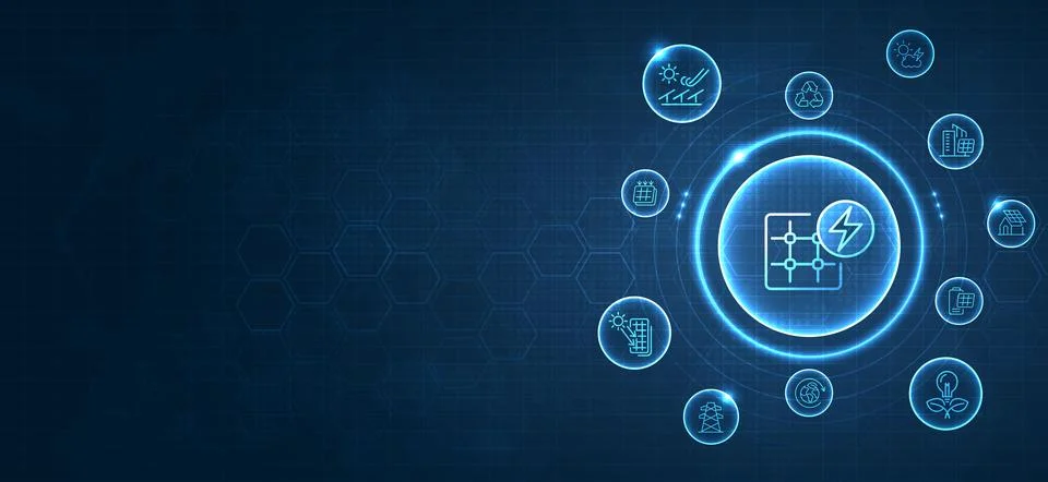 Solar panel array for clean energy, global solar energy network, clean tech.. Illustrazione stock