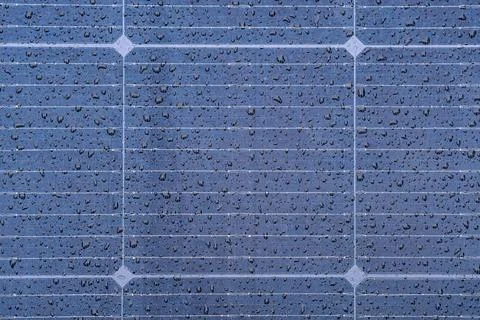 Solar panel array with close-ups, predominantly dark blue wet panels reflecti Stock Photos