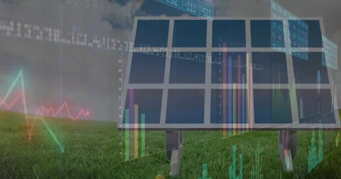 Solar panel array displaying energy output data in grassy field, featuring bar Stock Footage 307858840