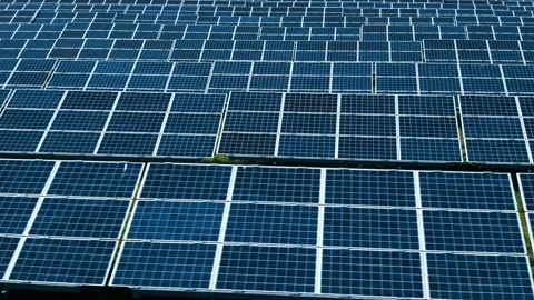 Solar Panel Array. Drone Aerial View of Modern Photovoltaic Electricity System Stock Footage 154053364