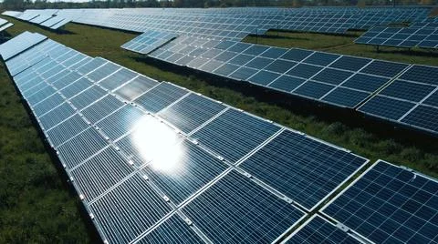 Solar Panel Array. Drone Aerial View of Modern Photovoltaic Electricity System Stock Photos