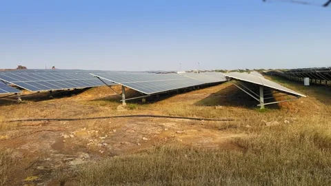 Solar Panel Array in Dry Landscape Stock Footage 323426368