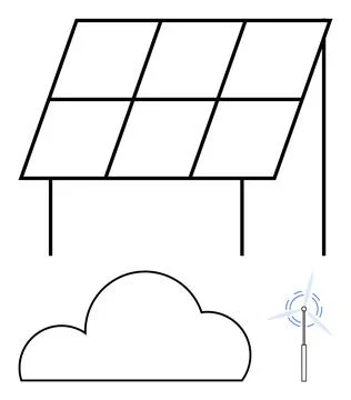 Solar panel array elevated on stand, wind turbine with rotating blades, and s Ilustración de archivo