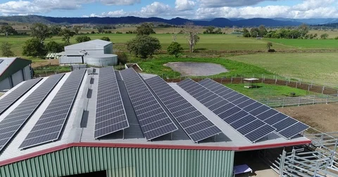 Solar Panel array on farm roof Stock Footage 75430948