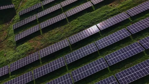 Solar panel array in a field capturing sunlight for energy production Stock-Footage 329998957