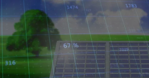 Solar panel array generating digital readouts in flat design over green field Vidéo 307858605