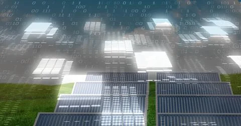 Solar panel array generating energy in rural grass field, with floating binary Stock Illustration