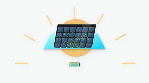 Solar Panel Array Icon with Energy Flow and Pulsing Sun Rays on Mint Rooftop Stock-Footage 346130586